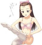  bow bow_bra bra brown_eyes brown_hair collarbone feet hair_bow idolmaster idolmaster_(classic) idolmaster_1 lingerie long_hair minase_iori navel open_mouth panties pink_bow pink_bra pink_panties simple_background smile solo tanaka_shoutarou thighhighs toe-point toes translation_request underwear underwear_only white_background white_legwear 