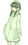  androgynous blush cloak earmuffs green green_eyes green_hair hair_tubes hairband ion long_sleeves male_focus short_hair_with_long_locks sidelocks simple_background smile solo standing tales_of_(series) tales_of_the_abyss white_background yu_65026 