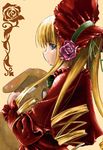  beige_background blonde_hair blue_eyes dress drill_hair flower frilled_sleeves frills hat kazumiya_akira kunkun long_hair long_sleeves looking_at_viewer lowres red_dress rose rozen_maiden shinku simple_background solo stuffed_animal stuffed_toy twin_drills twintails upper_body 