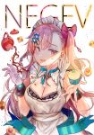  1girl apron bow breasts character_name cleavage cookie cupcake earrings eyebrows_visible_through_hair food girls_frontline hair_bow hexagram jewelry large_breasts maid maid_apron maid_headdress mirutu negev_(girls_frontline) pink_eyes pink_hair solo star_of_david tea teapot 