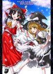  black_eyes black_hair blonde_hair bow detached_sleeves hair_bow hakurei_reimu hat kirisame_marisa long_hair long_sleeves multiple_girls short_hair sumeragi_seisuke touhou witch_hat yellow_eyes 