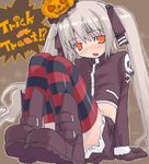  brown_background food_themed_hair_ornament hair_ornament halloween kooh long_sleeves okina_ika pangya pumpkin_hair_ornament sitting solo striped thighhighs trick_or_treat twintails 