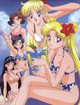  90s aino_minako bikini bishoujo_senshi_sailor_moon blonde_hair blue_bikini blue_eyes blue_hair bow brown_hair day everyone eyewear_on_head floral_print flower green_eyes hair_flower hair_ornament hibiscus highres hino_rei kino_makoto long_hair mizuno_ami multiple_girls official_art one-piece_swimsuit pink_bikini_top pink_sarong ponytail purple_eyes red_bow sarong sunglasses swimsuit tadano_kazuko tsukino_usagi twintails white_bikini 