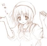  beret blush bow graphite_(medium) hat luna_lia monochrome nekomiya_nono nyan school_uniform short_hair sketch smile solo traditional_media yotsunoha 