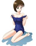  adjusting_clothes adjusting_swimsuit artist_request bare_shoulders barefoot brown_hair copyright_request one-piece_swimsuit school_swimsuit short_hair solo swimsuit 