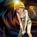  a1 breasts construction downblouse gloves hagiwara_yukiho hat helmet idolmaster idolmaster_(classic) idolmaster_1 mining mining_helmet pickaxe small_breasts solo tank_top torn_clothes wheelbarrow 