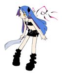  bare_shoulders belt blue_hair boots copyright_request gothic hair_ribbon holding holding_weapon horns leaning_forward long_hair miniskirt pointy_ears ribbon sakaetoun simple_background skirt skull_print solo very_long_hair weapon white_background yellow_eyes 