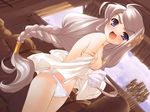  blue_eyes blush braid dutch_angle embarrassed game_cg gloves iizuki_tasuku long_hair mahjong_gunrou_den_hylandia nipples open_clothes open_shirt panties shirt silver_hair single_braid solo standing techgian topless underwear underwear_only undressing very_long_hair white_gloves white_panties 