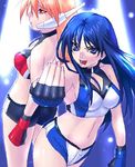  bare_shoulders blue_eyes blue_gloves blue_hair blush breasts cleavage cowboy_shot expressionless fingerless_gloves gloves hands headgear kurusugawa_ayaka large_breasts looking_at_viewer multiple_girls navel oekaki orange_hair serio shorts to_heart zen 