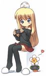  blonde_hair flower handheld_game_console long_sleeves nakopapa original playstation_portable shoes single_shoe slippers solo thighhighs 