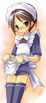  apron bow brown_eyes brown_hair child copyright_request crossdressing maid male_focus shorts solo tatata thighhighs 