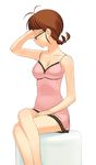  a1 akizuki_ritsuko antenna_hair braid brown_hair collarbone covering_eyes crossed_legs glasses hand_on_lap idolmaster idolmaster_(classic) idolmaster_1 lingerie looking_away negligee sitting solo twin_braids underwear 