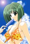  bikini breasts cleavage cloud copyright_request day food green_eyes green_hair highres medium_breasts popsicle short_hair solo sunlight suzuhira_hiro swimsuit 