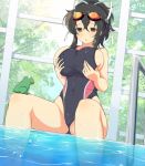  10s 1girl asuka_(senran_kagura) black_hair breasts brown_eyes covered_navel curvy femae frog goggles goggles_on_head hair_ribbon highres large_breasts official_art one-piece_swimsuit partially_submerged ponytail pool ribbon senran_kagura senran_kagura_new_wave short_ponytail sideboob sitting solo swimsuit thighs water wet wet_clothes wet_hair wet_swimsuit white_ribbon yaegashi_nan 