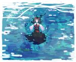 afloat bow brown_hair detached_sleeves expressionless from_above hair_tubes hakurei_reimu long_hair long_sleeves looking_up parted_lips partially_submerged solo takanashi_akihito touhou water 