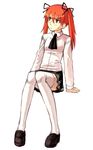  arm_support ascot blush brown_eyes copyright_request hair_ribbon leaning_to_the_side long_sleeves orange_hair ribbon simple_background sitting solo sweatdrop thighhighs twintails white_background yu_65026 