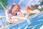  animal_ears ass barefoot bent_over bikini blue_eyes blush breasts cleavage day drink hairband large_breasts newmanoid open_mouth pink_hair police pool solo swimsuit topless urotan water 