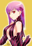  breasts cleavage dark_sakura fate/stay_night fate_(series) hair_ribbon matou_sakura medium_breasts purple_hair red_eyes ribbon sideboob smile solo striped task_owner 