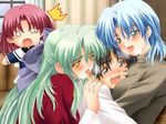  3girls blue_hair blush character_request choir_(game) ear_licking game_cg green_hair kusukusu licking long_sleeves multiple_girls nozawa_hanano red_hair tongue 