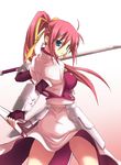  ahoge arm_guards armor blue_eyes breasts cropped_jacket duplicate fingerless_gloves floating_hair gloves hair_ribbon jacket levantine long_hair looking_at_viewer looking_back lyrical_nanoha magical_girl mahou_shoujo_lyrical_nanoha mahou_shoujo_lyrical_nanoha_a's medium_breasts open_clothes open_jacket pink_hair ponytail pose ribbon scabbard serious sheath signum soba_(saz) solo sword very_long_hair waist_cape weapon 