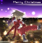  blonde_hair blue_hair boots christmas fujino_shizuru fur_trim green_eyes hug kuga_natsuki long_hair merry_christmas multiple_girls mura_(kiyohime) my-hime red_eyes red_legwear santa_costume thighhighs 