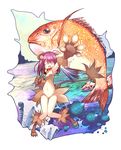  animal animal_ears claws closed_eyes collar fish full_body furry hanpen jewelry navel neck_ring original outstretched_arm paws purple_hair scales seashell shell solo thigh_gap water whiskers 