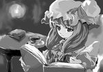  artist_request book cup grey_background greyscale hair_over_shoulder hat long_hair long_sleeves monochrome patchouli_knowledge reading solo table teacup touhou 