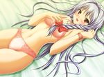  aikawa_daisei bed blush bra braid game_cg hair_ribbon lingerie long_hair lying mitamura_karen panties red_eyes ribbon school_love! silver_hair solo tress_ribbon underwear underwear_only 