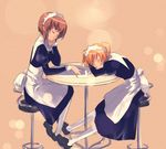  bar_stool brown_hair closed_eyes long_sleeves maid maid_headdress multiple_girls orange_hair original pantyhose refeia short_hair sitting sleeping sleepy stool table twintails 