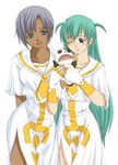  alice_carroll aria artist_request athena_glory blue_eyes cat dark_skin fingerless_gloves gloves green_eyes green_hair holding holding_cat long_hair looking_at_another multiple_girls one_eye_closed orange_planet_uniform president_maa short_hair simple_background uniform very_short_hair white_background 