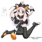  animal_ears arm_support black_legwear blue_eyes blush bow bowl bridal_gauntlets cat_ears cat_tail collar copyright_request dress glasses hair_ribbon long_hair maid non-web_source pink_hair ponytail ribbon sasayuki sitting solo tail thighhighs translation_request zettai_ryouiki 