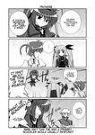  3girls bardiche braid cape comic doujinshi fate_testarossa gauntlets gloves graf_eisen greyscale hard_translated hat jacket lyrical_nanoha magazine_(weapon) magical_boy magical_girl mahou_shoujo_lyrical_nanoha mahou_shoujo_lyrical_nanoha_a's mikage_takashi monochrome multiple_girls open_clothes open_jacket raising_heart takamachi_nanoha translated twin_braids twintails vita zafira 