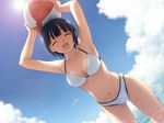  armpits arms_up ball beachball bikini black_hair carrying_overhead closed_eyes cloud collarbone day game_cg hashimoto_takashi holding holding_ball holding_beachball ichinose_mio laughing navel short_hair sky solo sun swimsuit white_bikini white_breath 