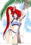  armpits arms_up bikini comic_party flower hasumi_eran hibiscus highres one_eye_closed red_eyes red_hair side_ponytail solo swimsuit takase_mizuki 