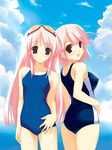  amazuyu_tatsuki beach cloud day hitomi_sena hitomi_yomi multiple_girls one-piece_swimsuit outdoors pink_hair sky sukumizu_2 swimsuit 