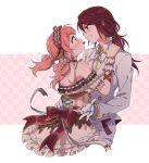  2girls arm_ribbon back_bow bang_dream! blush bow brooch brown_bow checkered checkered_background chocolate collared_shirt corset dress earrings eye_contact food_themed_clothes formal frilled_dress frilled_hairband frilled_sleeves frills gloves grin hair_ornament hair_ribbon hair_scrunchie hair_tie hairband hand_on_another&#039;s_shoulder happy_valentine heart heart_earrings heart_hair_ornament highres jewelry lolita_hairband long_hair long_sleeves looking_at_another mouth_hold multiple_girls outline pink_background ponytail re_ghotion ribbon scrunchie shirt shoulder_blades smile striped striped_ribbon suit twintails udagawa_tomoe uehara_himari valentine white_gloves white_neckwear white_outline white_scrunchie white_suit wrist_cuffs yuri 