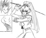  a1 breasts greyscale long_hair long_sleeves medium_breasts mitsurugi_meiya monochrome muvluv nipples pout solo sword weapon 