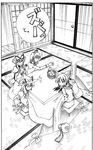  cushion from_above fusuma gap gourd greyscale hakurei_reimu hikawa_shou ibuki_suika izayoi_sakuya kirisame_marisa kotatsu monochrome multiple_girls shouji sitting sliding_doors surprised table tatami touhou yakumo_yukari zabuton 