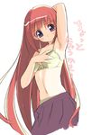  arm_up armpits bra copyright_request lingerie long_hair red_hair sikorsky simple_background skirt solo sweat underwear 