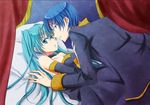  1girl aqua_eyes aqua_hair aruhina bed blue_eyes blue_hair canopy_bed cantarella_(vocaloid) choker couple detached_sleeves dress formal hatsune_miku hetero imminent_kiss kaito long_hair lying on_back pillow strapless strapless_dress twintails vocaloid walk-in 
