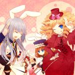  4girls animal_ears beatrice blonde_hair blue_eyes bow bunny_ears chiester410 chiester410_(cosplay) chiester45 chiester45_(cosplay) chiester556 chiester556_(cosplay) chiester_sisters cosplay dress drill_hair eva_beatrice gaap japanese_clothes kimono multiple_girls orange_hair pink_bow showgirl_skirt silver_hair suzushiro_kurumi umineko_no_naku_koro_ni ushiromiya_battler virgilia 