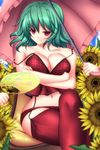  bad_id bad_pixiv_id bare_shoulders breast_hold breasts camisole cleavage crossed_arms crossed_legs curvy fan flower garter_straps green_hair kazami_yuuka large_breasts lingerie midriff mikan_(5555) narrow_waist navel orz parasol plaid red_eyes red_legwear short_hair sitting smile solo strap_slip sunflower thighhighs touhou umbrella underwear 