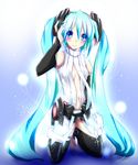  aqua_eyes aqua_hair bad_id bad_pixiv_id barefoot belt bridal_gauntlets elbow_gloves fingerless_gloves gloves hatsune_miku hatsune_miku_(append) long_hair navel necktie smile solo thighhighs toeless_legwear toor_0111 twintails very_long_hair vocaloid vocaloid_append zettai_ryouiki 