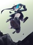  bikini_top black_hair black_rock_shooter black_rock_shooter_(character) blue_eyes boots burning_eye coat flat_chest from_below highres jacket jumping knee_boots long_hair mattie pale_skin shoe_soles shorts solo star sword twintails weapon 