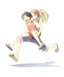  1girl angry bat_(coumori) blush brown_eyes brown_hair carrying hat monkey_d_luffy nami_(one_piece) one_piece piggyback running sandals scar straw_hat 