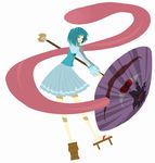  bad_proportions blue_eyes blue_hair blue_skirt full_body geta heterochromia karakasa_obake noibara pleated_skirt purple_umbrella red_eyes skirt solo tatara_kogasa tongue touhou umbrella 