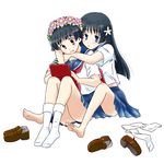  bad_id bad_pixiv_id barefoot black_hair blue_eyes brown_eyes computer feet flower hair_flower hair_ornament head_wreath hug laptop long_hair multiple_girls sakugawa_school_uniform saten_ruiko school_uniform serafuku short_hair skirt takahashi_mugi to_aru_kagaku_no_railgun to_aru_majutsu_no_index uiharu_kazari yuri 