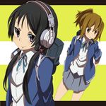  akg akiyama_mio alternate_hairstyle bad_id bad_pixiv_id bag black_hair brown_hair hajime_(hajime-ill-1st) headphones k-on! multiple_girls ponytail purple_eyes school_uniform skirt tainaka_ritsu yellow_eyes 