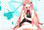  bad_id bad_pixiv_id bare_shoulders barefoot blue_eyes flower hair_flower hair_ornament hairclip hands hatsuko highres legs long_hair megurine_luka open_mouth polka_dot polka_dot_background sitting solo transparent transparent_umbrella umbrella very_long_hair vocaloid yokozuwari 