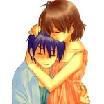  1girl bad_id bad_pixiv_id blue_hair brown_hair clannad closed_eyes furukawa_nagisa hug husband_and_wife kan_(0824_1215) lowres okazaki_tomoya short_hair 